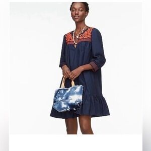 J Crew dress. Navy blue with orange embroidery. Never worn. Size S